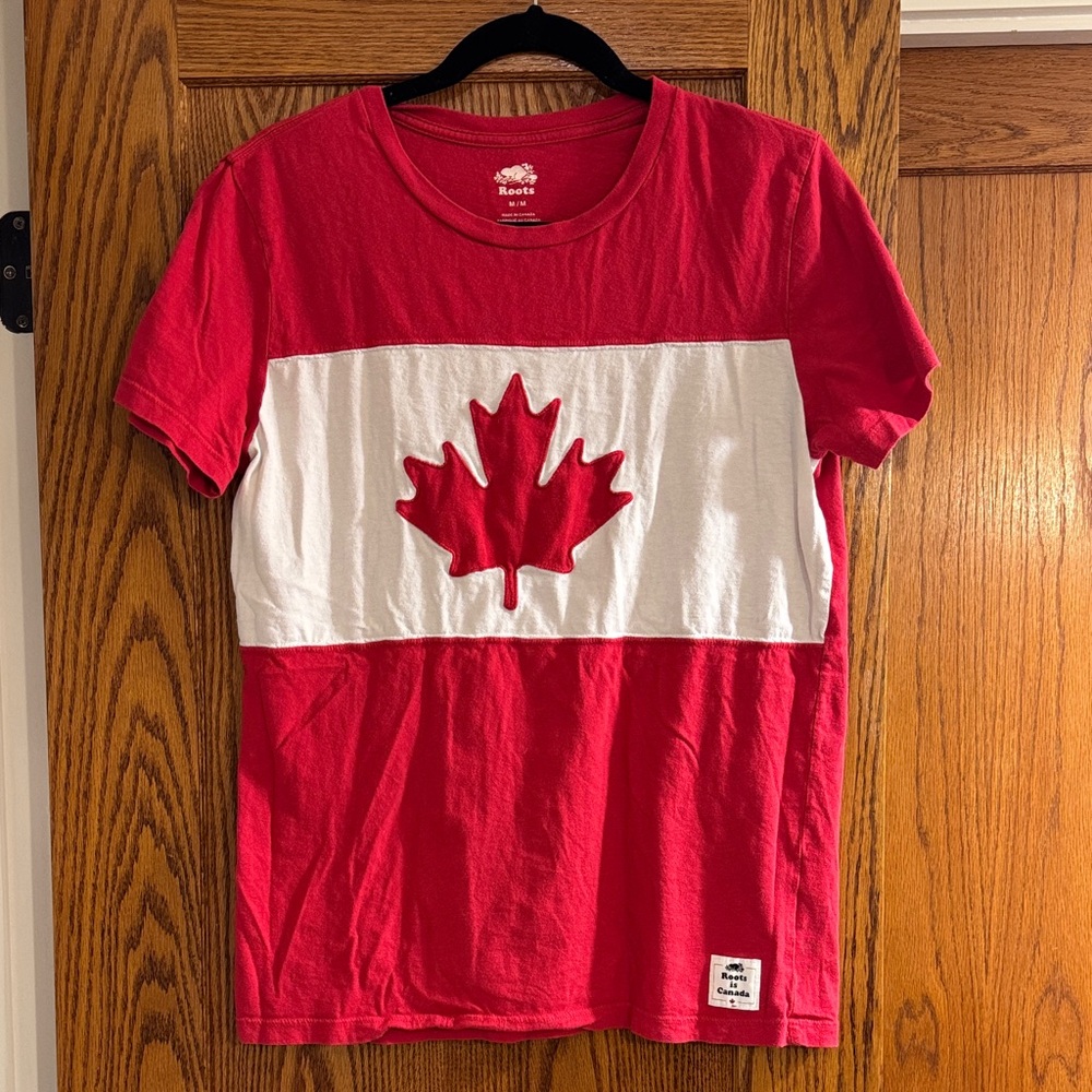 Roots Canada Red and White Maple Leaf Tee - M